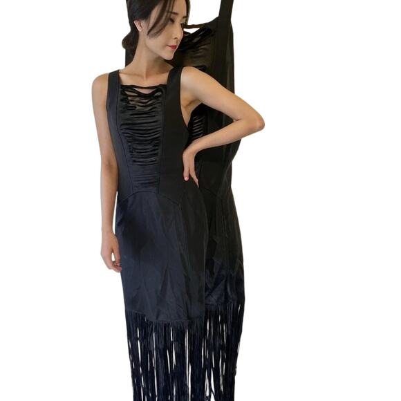 Y2K Black Faux Leather Maxi Dress Sleeves Whimsigoth Witch Cut Out Fringe XS - Picture 1 of 11